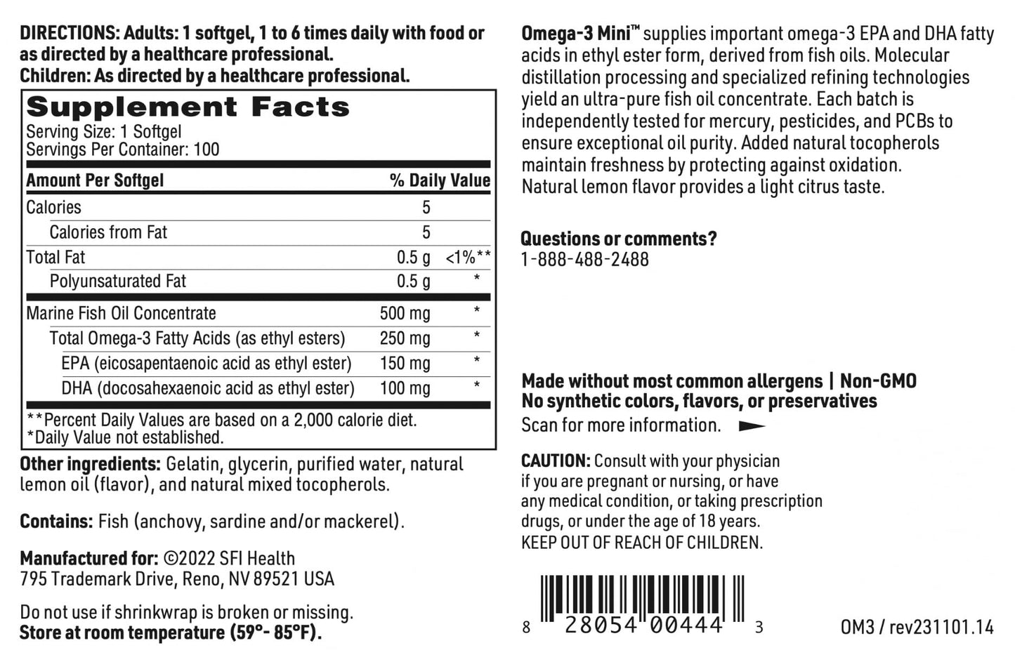 Klaire Labs Omega-3 Mini Fish Oil Gels – Lemon, 150 mg EPA / 100 mg DHA, 100 Softgels