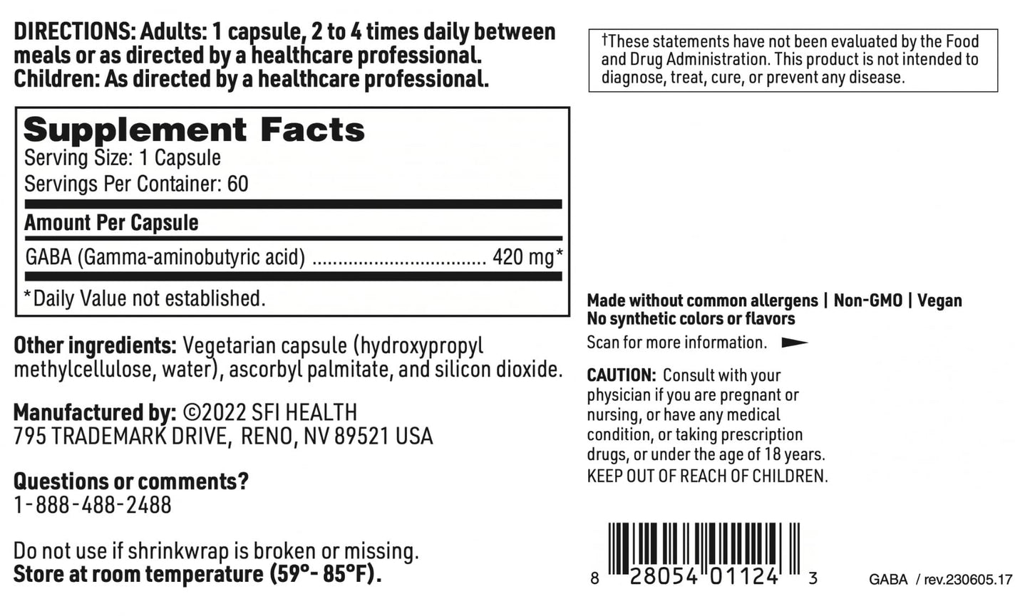 Klaire Labs SFI Health GABA - 420 Milligrams Gamma-Aminobutyric Acid, Neurotransmitter to Support Calm & Mood (60 Capsules)