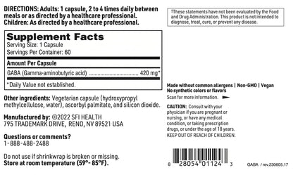 Klaire Labs SFI Health GABA - 420 Milligrams Gamma-Aminobutyric Acid, Neurotransmitter to Support Calm & Mood (60 Capsules)