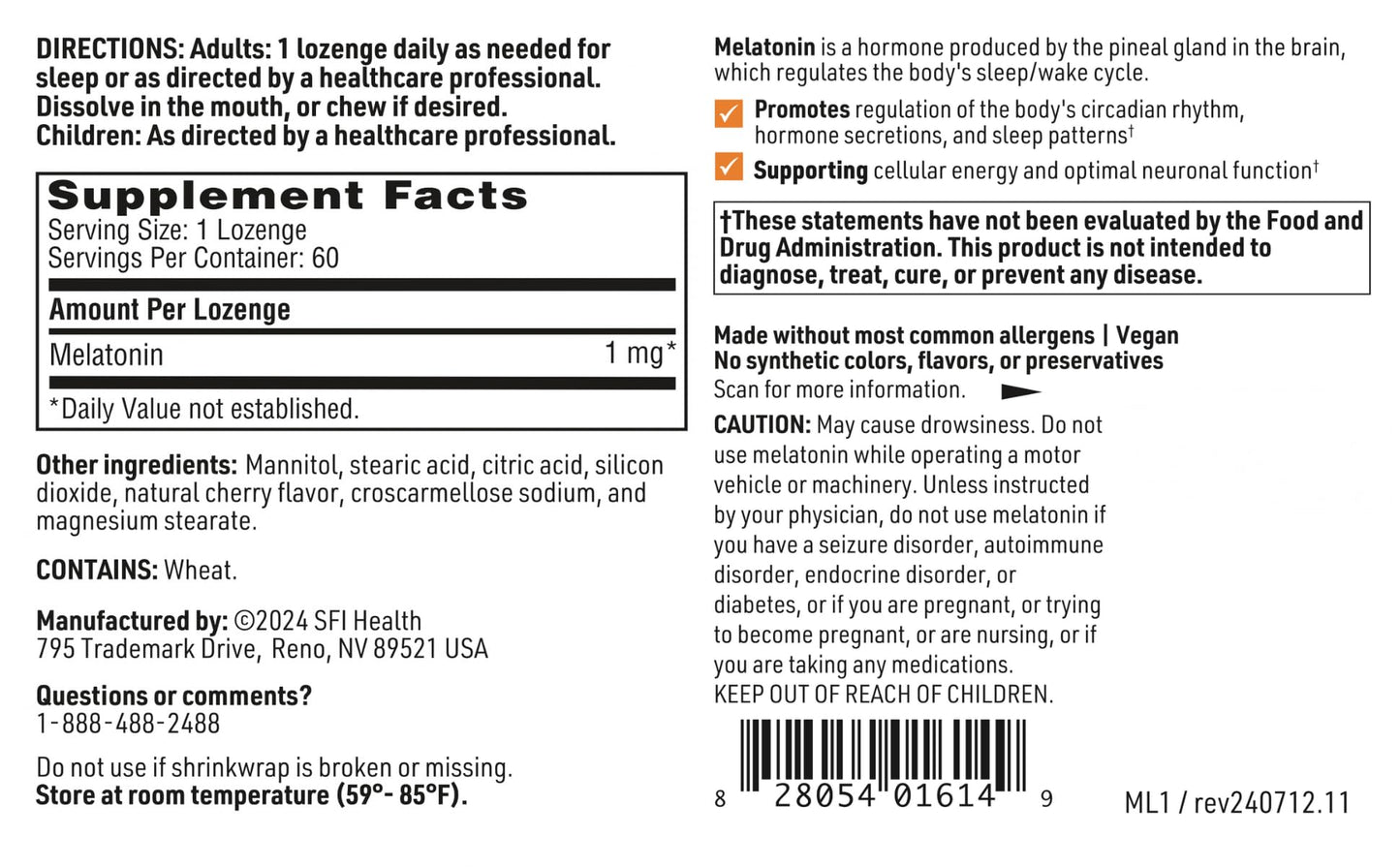 Klaire Labs SFI Health Melatonin Lozenge 1 mg – Fast-Dissolving, Cherry Flavor, 60 Tablets