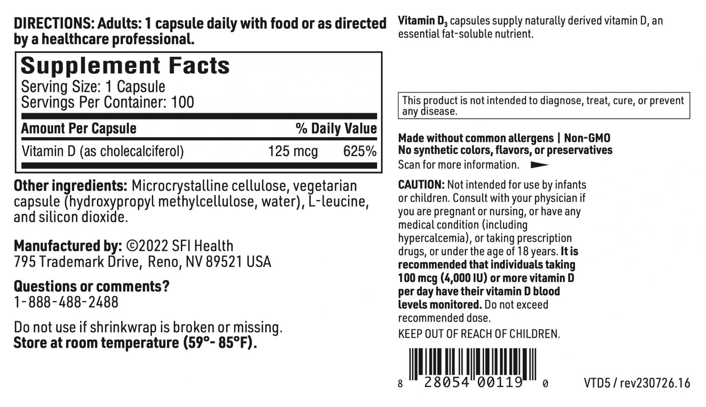 Klaire Labs SFI Health Vitamin D3 5000 IU | High Potency Vitamin D3 125 mcg | Immune & Bone Health (100 capsules)