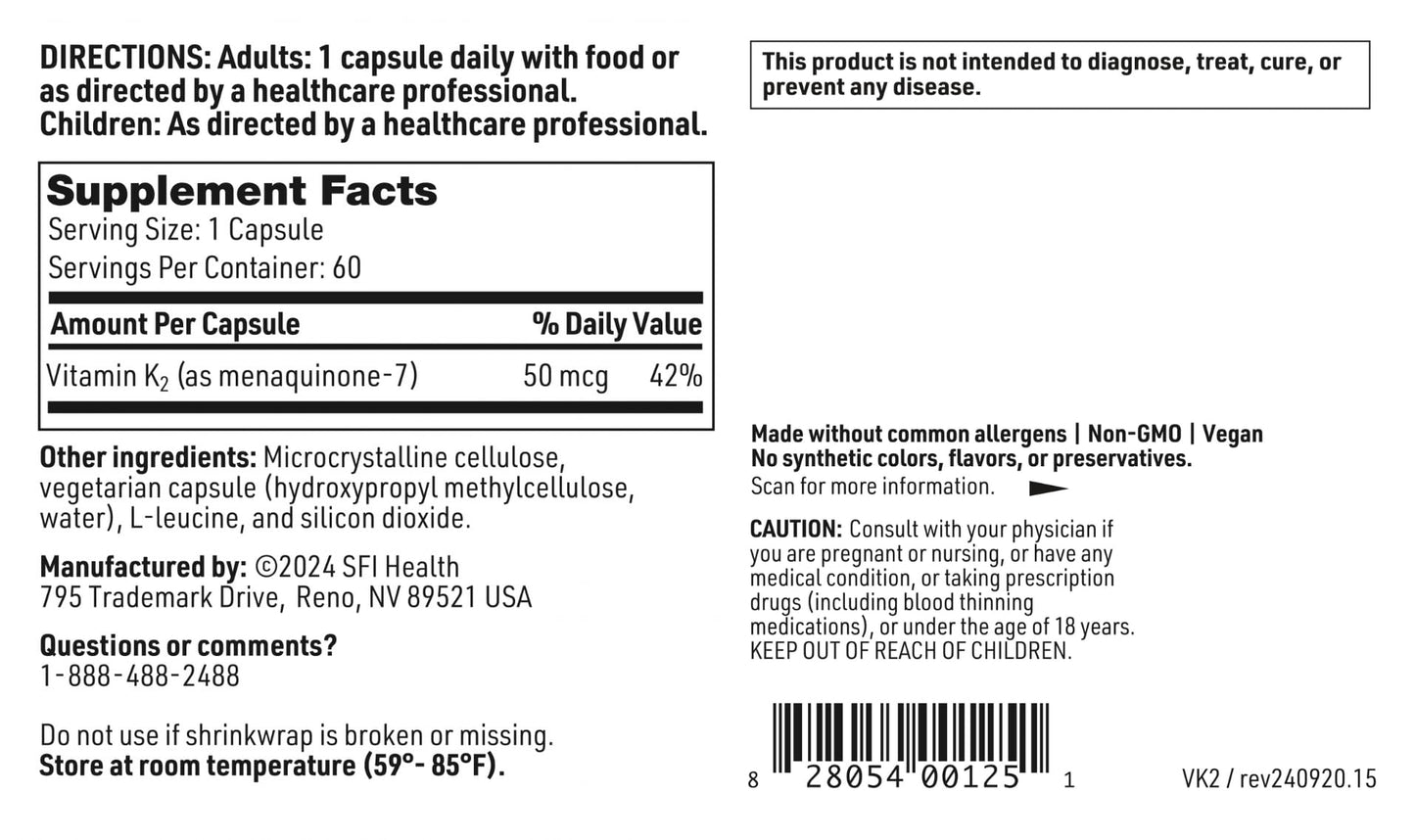 Klaire Labs SFI Health Vitamin K2 MK-7 50 mcg - No Soy, Gluten or Dairy (60 Capsules)
