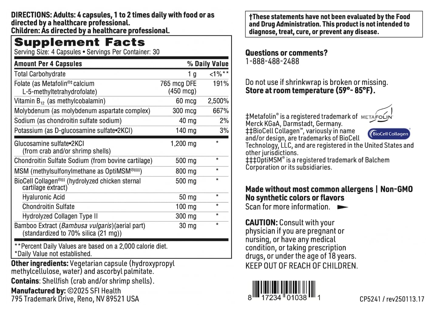 Klaire Labs SFI Health Joint Support Formula – Joint Recovery & Cartilage Production (120 Capsules)