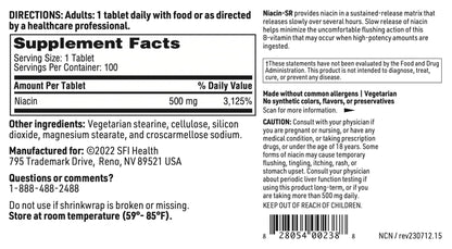 Klaire Labs SFI Niacin-SR 500 mg – Sustained-Release Vitamin B3 (Hypoallergenic, 100 Scored Tablets)