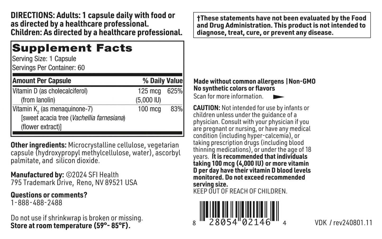Klaire Labs SFI Health Vitamin D Plus K - Bioavailable Vitamin K2 D3 Supplement for Bone & Immune Support - Each Capsule Delivers D3 5000 iu & K2 100 Mcg (60 Capsules)