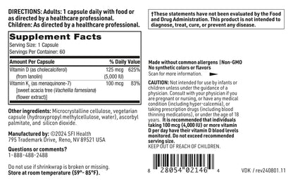 Klaire Labs SFI Health Vitamin D Plus K - Bioavailable Vitamin K2 D3 Supplement for Bone & Immune Support - Each Capsule Delivers D3 5000 iu & K2 100 Mcg (60 Capsules)