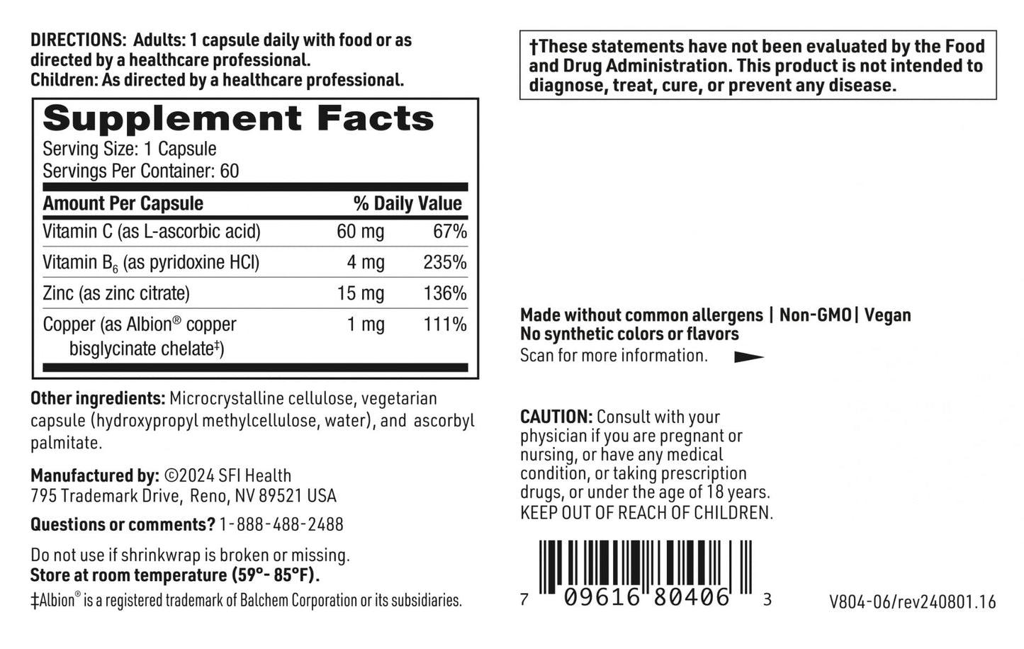 Klaire Labs Zinc Plus Immune Support - Zinc Citrate with Copper, Vitamin B6 & Vitamin C | Hypoallergenic 60 Capsules