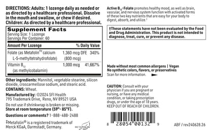 Klaire Labs SFI Health Active B12 + Folate Lozenge (60 Count) – Dissolvable Methylcobalamin & Methylfolate
