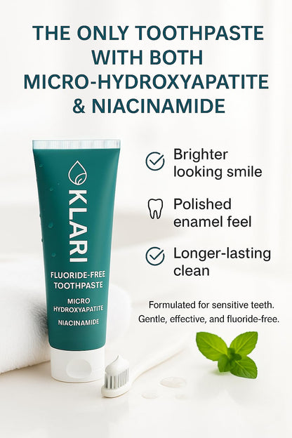 KLARI Fluoride-Free Toothpaste – 7.5% Micro-Hydroxyapatite & 1% Niacinamide | Clean Mint | 4.23 oz
