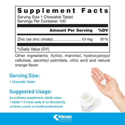 Klean ATHLETE Klean Zinc | Support for Immune System Function | NSF Certified for Sport | 100 Chewable Tablets | Natural Orange Flavor