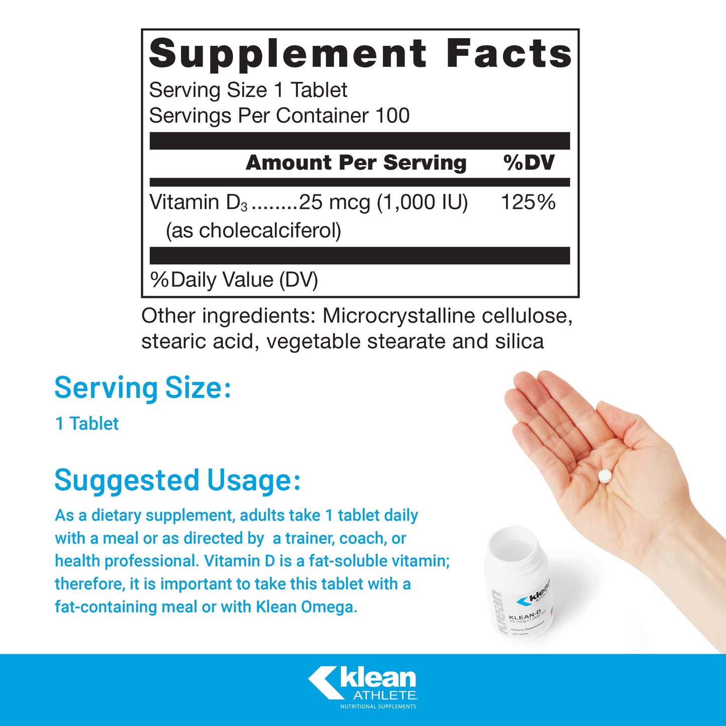 Klean-D 25 mcg (1,000 IU) Vitamin D3 — NSF Certified for Sport | Klean Athlete | 100 Tablets