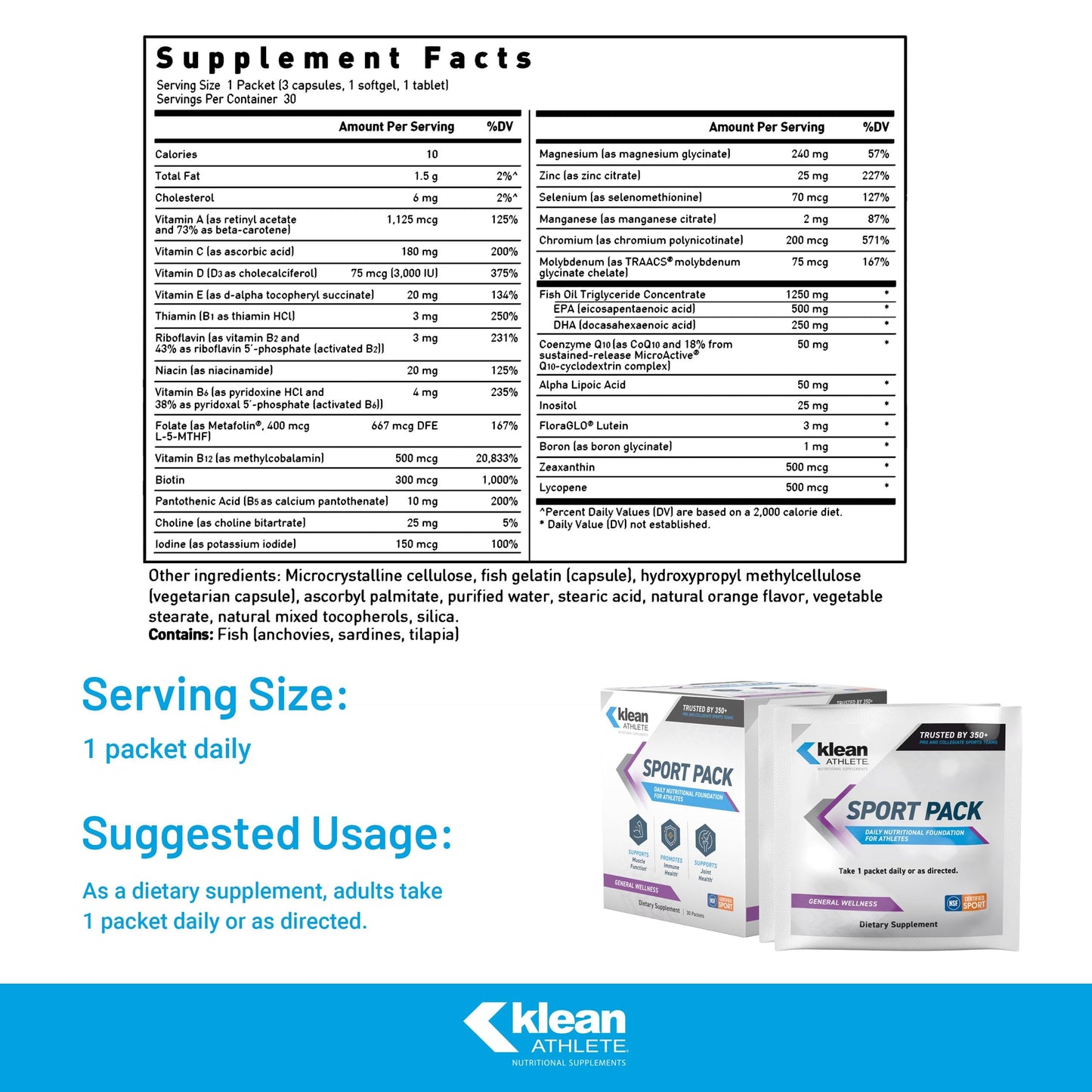 Klean Athlete Klean Sport Pack | Magnesium Glycinate, Vitamin D & Omega-3 | NSF Certified