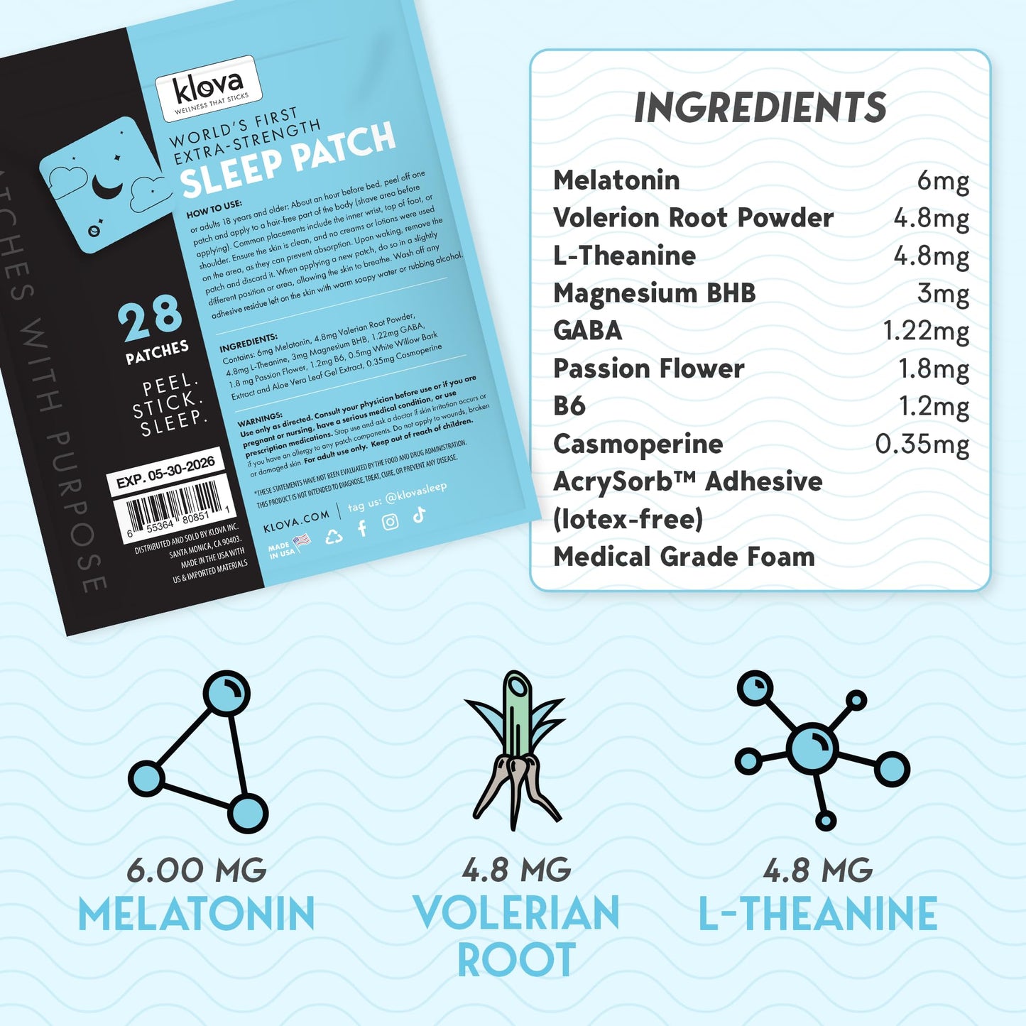 Klova Extra Strength Sleep Patches – 6mg Melatonin, Valerian & L-Theanine | 28 Patches