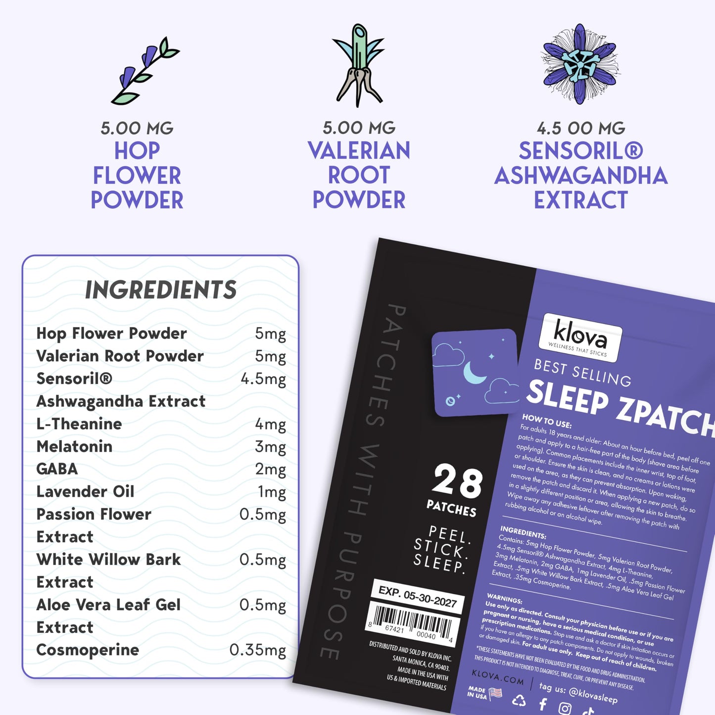Klova ZSleep Patches for Adults | Natural Sleep Aid with Melatonin, Ashwagandha, Valerian, GABA & L-Theanine | 28 Sleep Patches