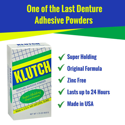 Klutch Denture Adhesive Powder 1.75 oz – Zinc-Free, Long-Lasting Hold