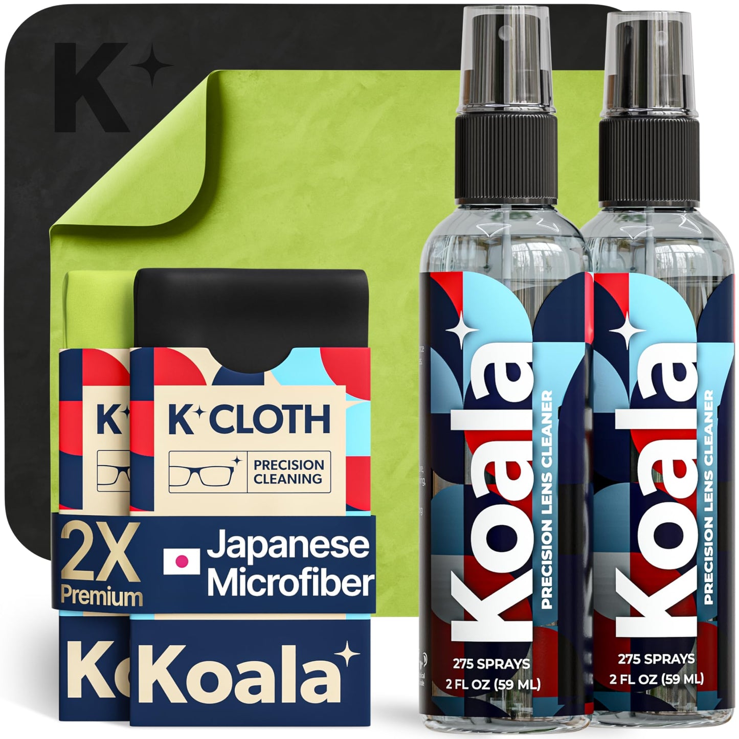 Koala Eyeglass Lens Cleaner Spray Kit | 4 Piece Set – 2x Cleaner Bottles + 2x Microfiber Cloths | Made in USA