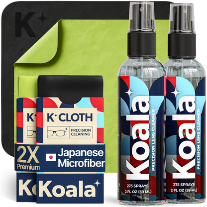 Koala Eyeglass Lens Cleaner Spray Kit | 4 Piece Set – 2x Cleaner Bottles + 2x Microfiber Cloths | Made in USA