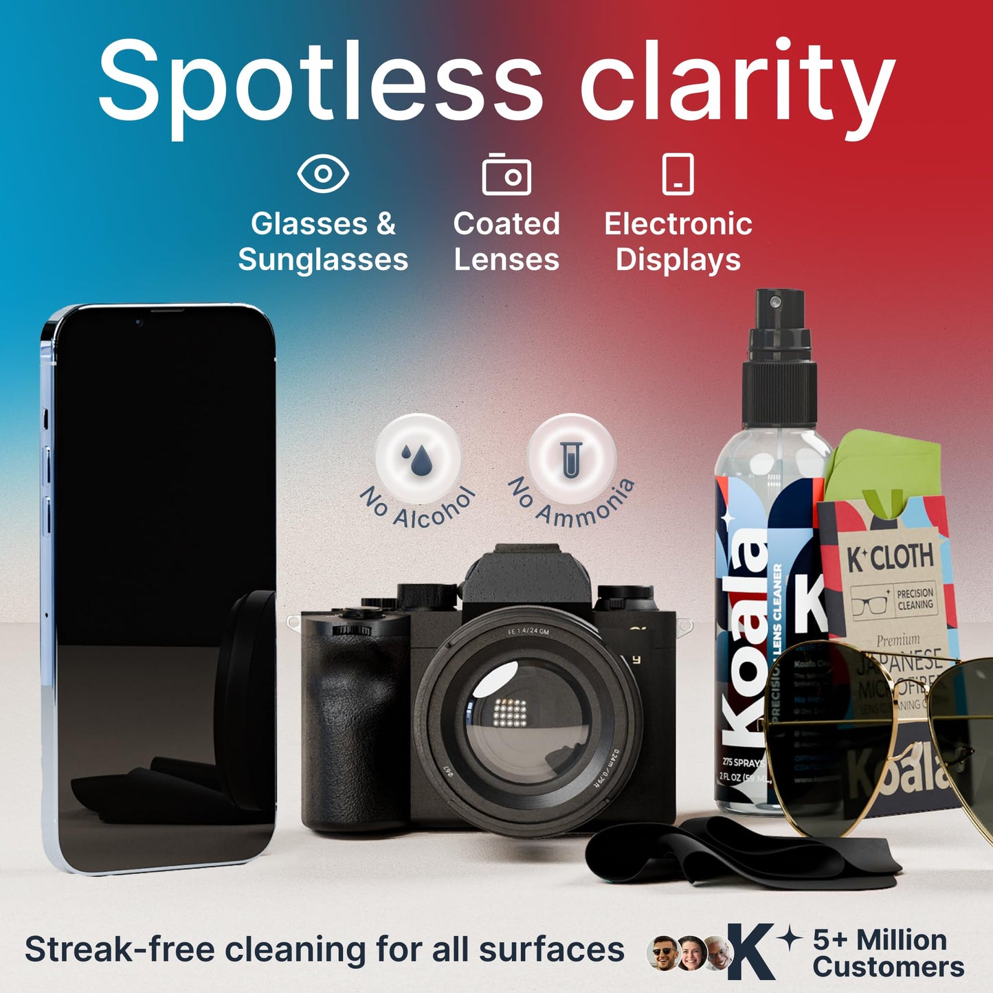 Koala Eyeglass Lens Cleaner Spray Kit | 4 Piece Set – 2x Cleaner Bottles + 2x Microfiber Cloths | Made in USA