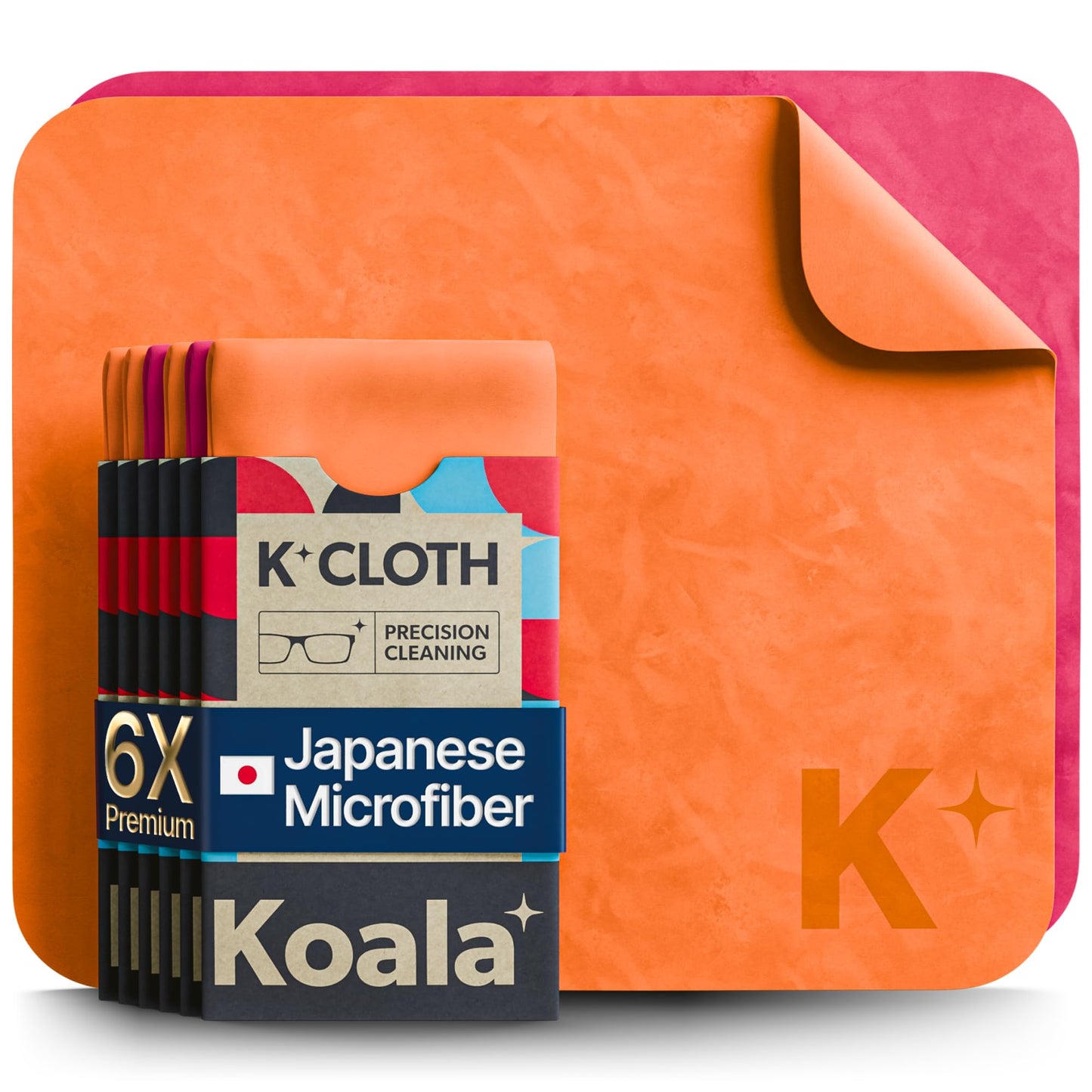 Koala Lens Cleaning Cloth – Japanese Microfiber Glasses & Camera Cleaning Cloths, Pink & Orange (Pack of 6)