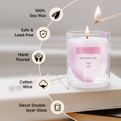 KOIMYSA Rose Scented Candle – Soy Wax, Non-Toxic, Up to 25 Hours, Double-Layer Glass Jar