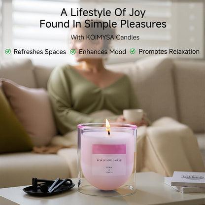 KOIMYSA Rose Scented Candle – Soy Wax, Non-Toxic, Up to 25 Hours, Double-Layer Glass Jar