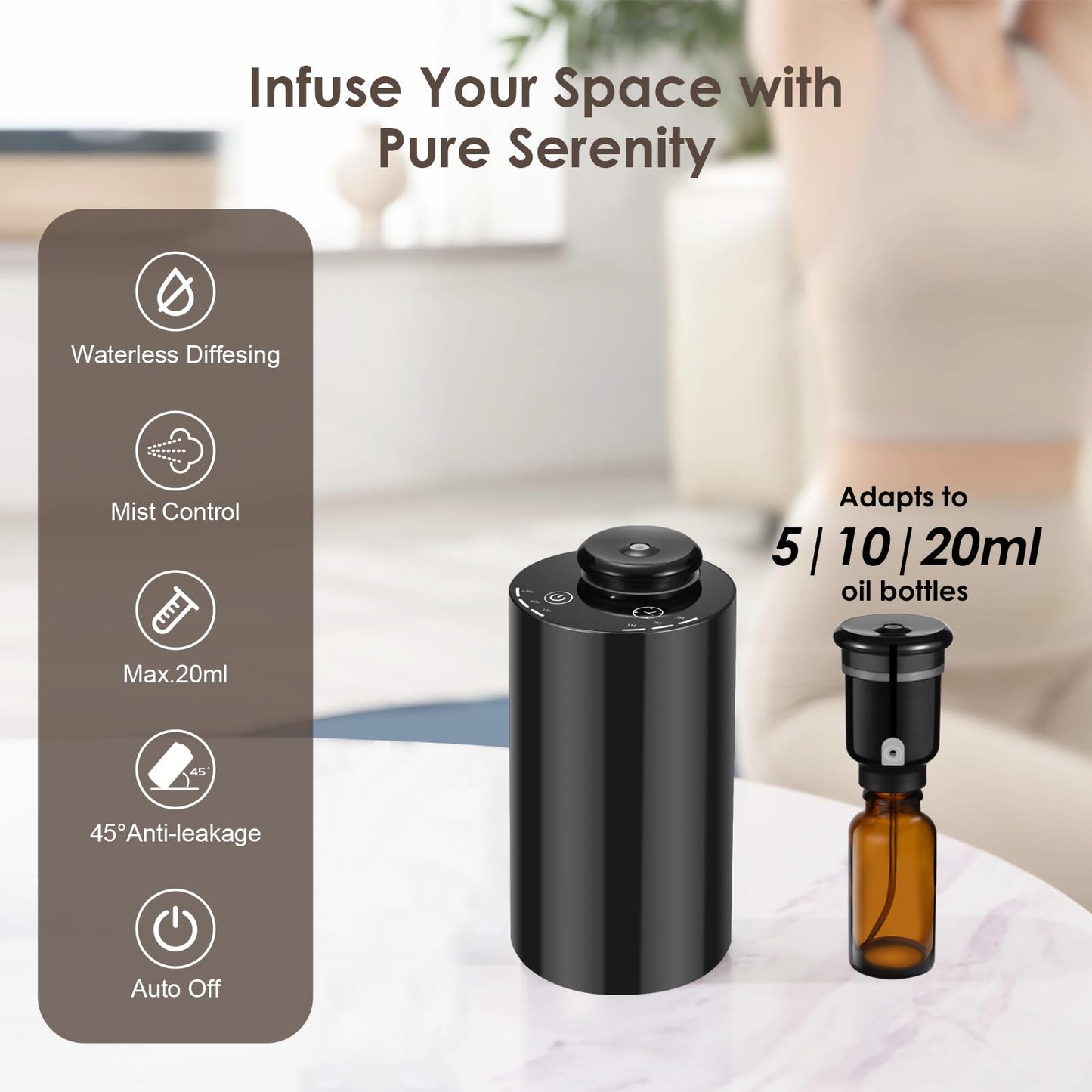 KONCHILE Waterless Essential Oil Diffuser - 7-Color LED, Battery Powered Mini Aromatherapy Diffuser for Home, Car, Office (Black)