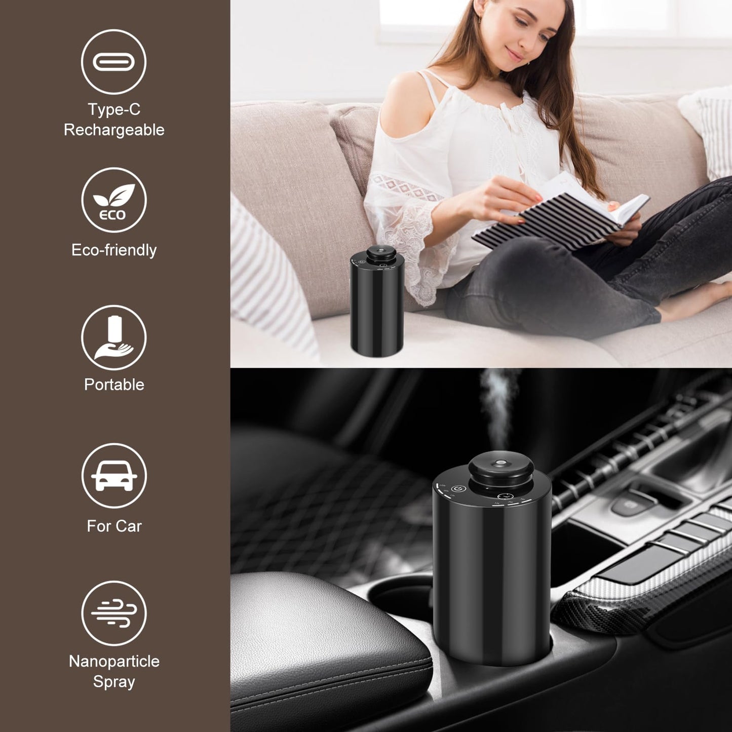 KONCHILE Waterless Essential Oil Diffuser - 7-Color LED, Battery Powered Mini Aromatherapy Diffuser for Home, Car, Office (Black)
