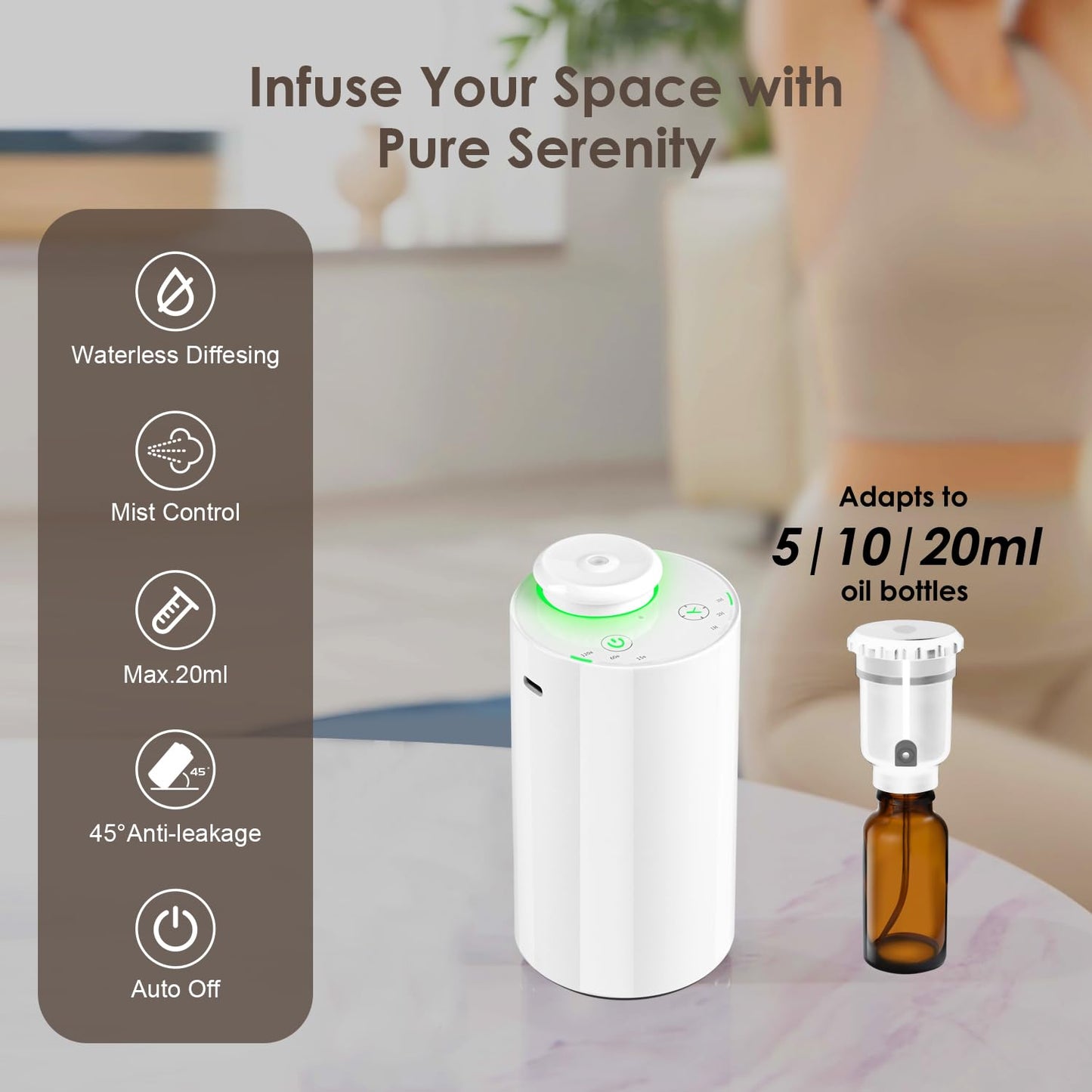 KONCHILE Waterless Essential Oil Diffuser | Battery Powered, 7-Color LED