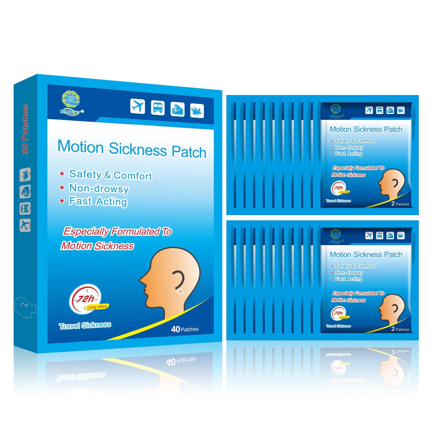 KONGDY Motion Sickness Patches - 40 Count, Non-Drowsy Relief for Cruise, Car, Air Travel