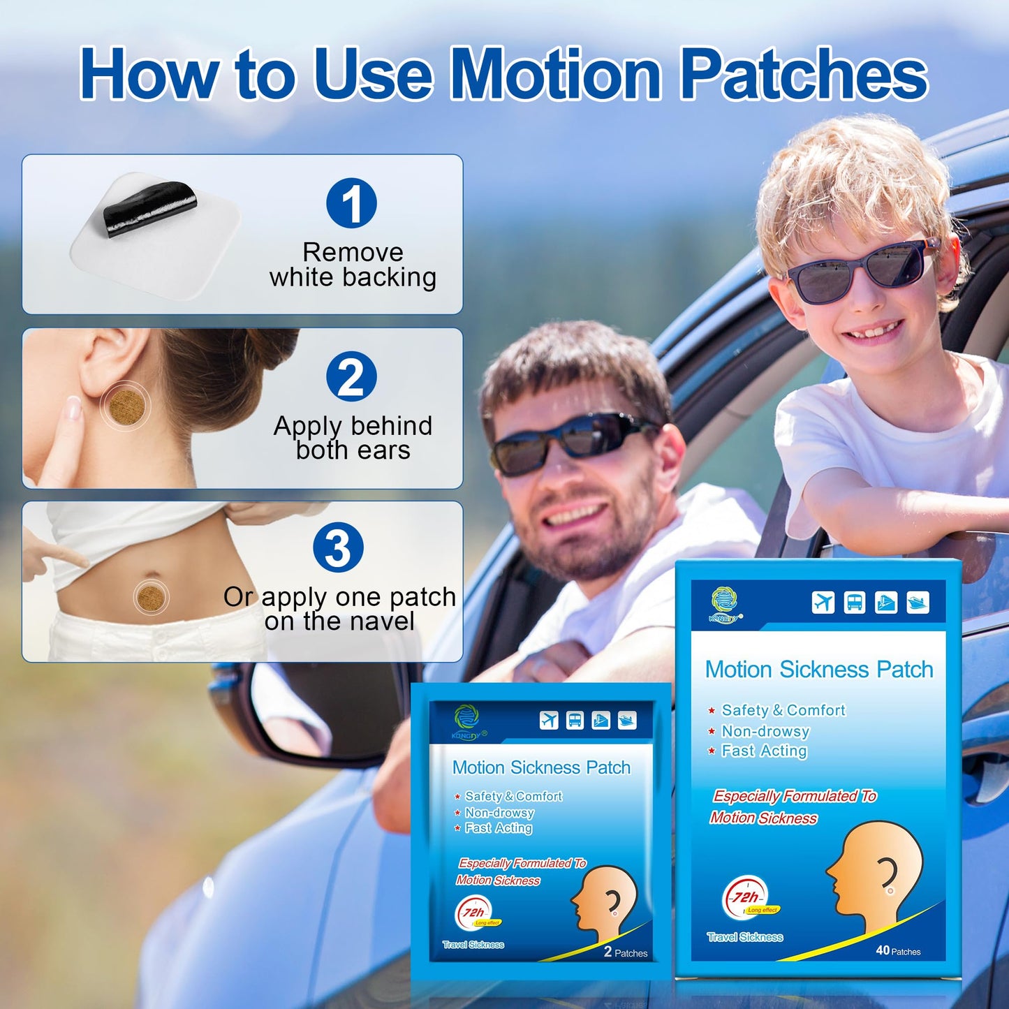 KONGDY Motion Sickness Patches - 40 Count, Non-Drowsy Relief for Cruise, Car, Air Travel