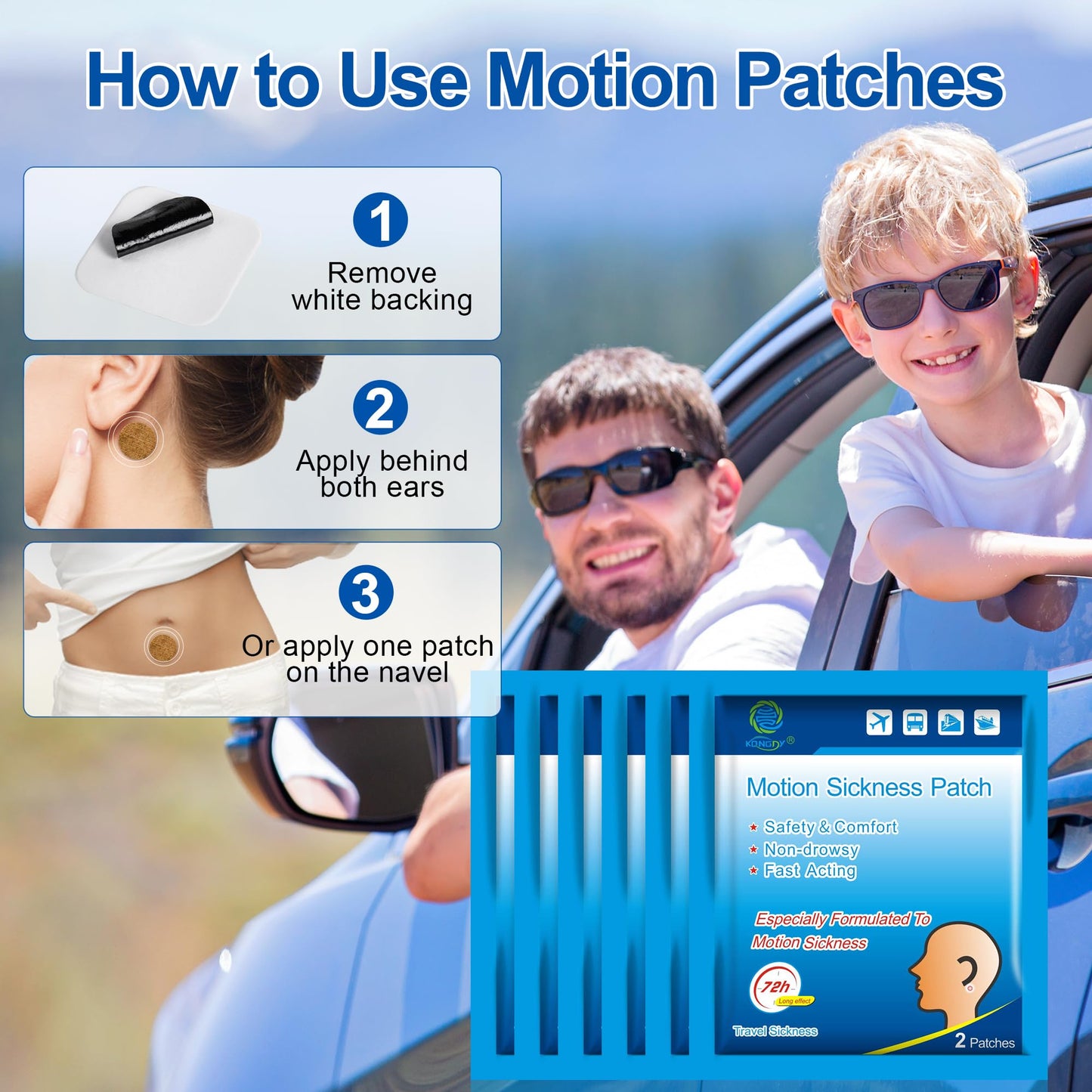 KONGDY 60-Count Motion Sickness Patches Behind Ear | Waterproof, Non-Drowsy for Kids & Adults