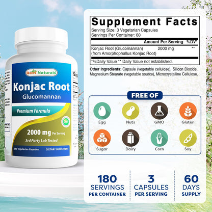 Best Naturals Konjac Glucomannan 2000 mg - 2 Pack, 180 Vegetarian Capsules