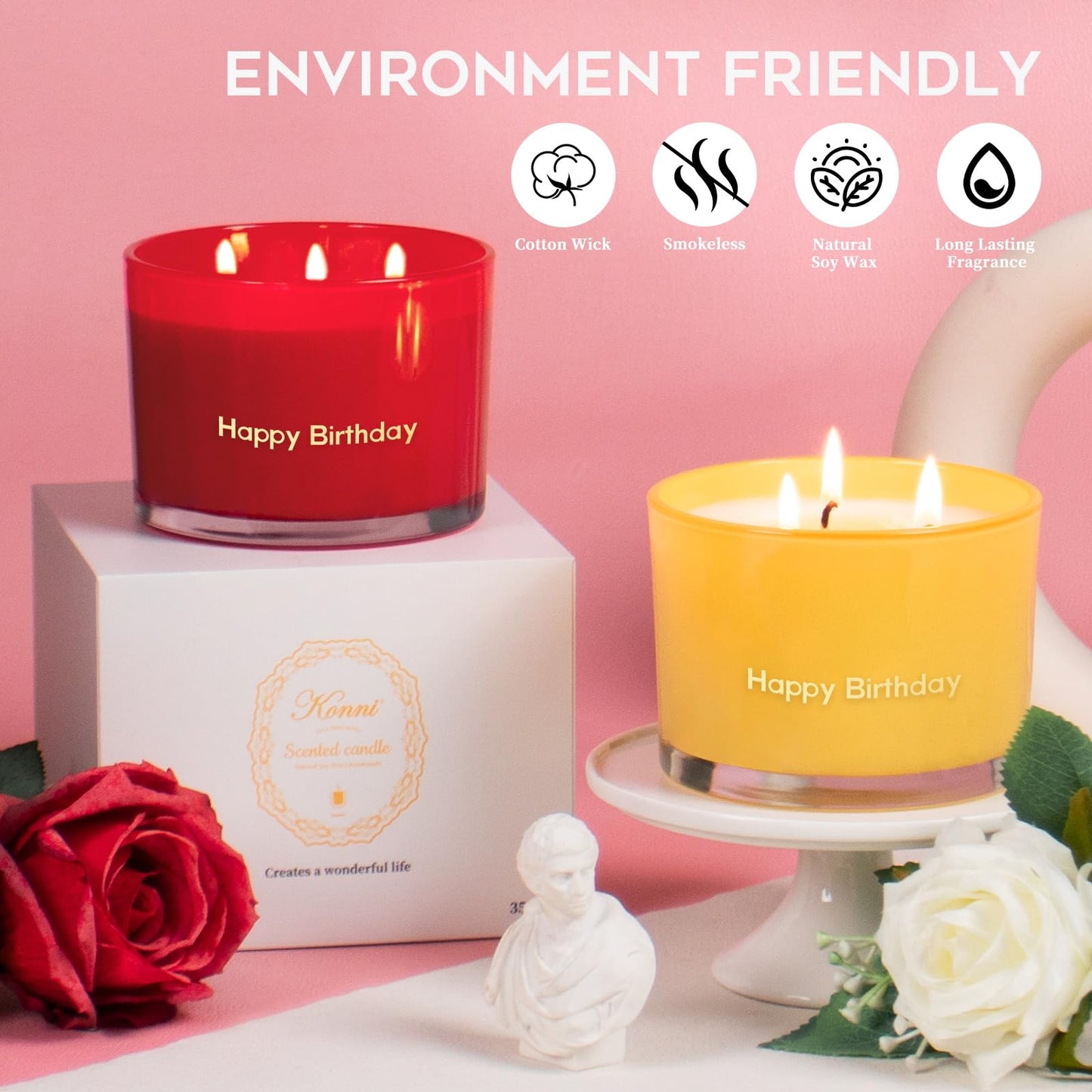 KONNI Red Rose Scented Candles | 3-Wick Soy Jar Candle 12.35oz