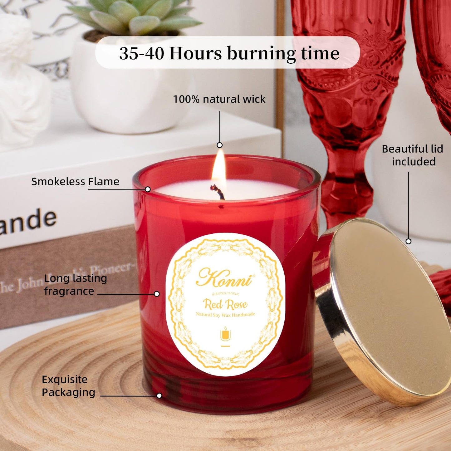 KONNI Scented Candles - Red Rose Soy Candle, 7 oz Jar, 40h Burn Time