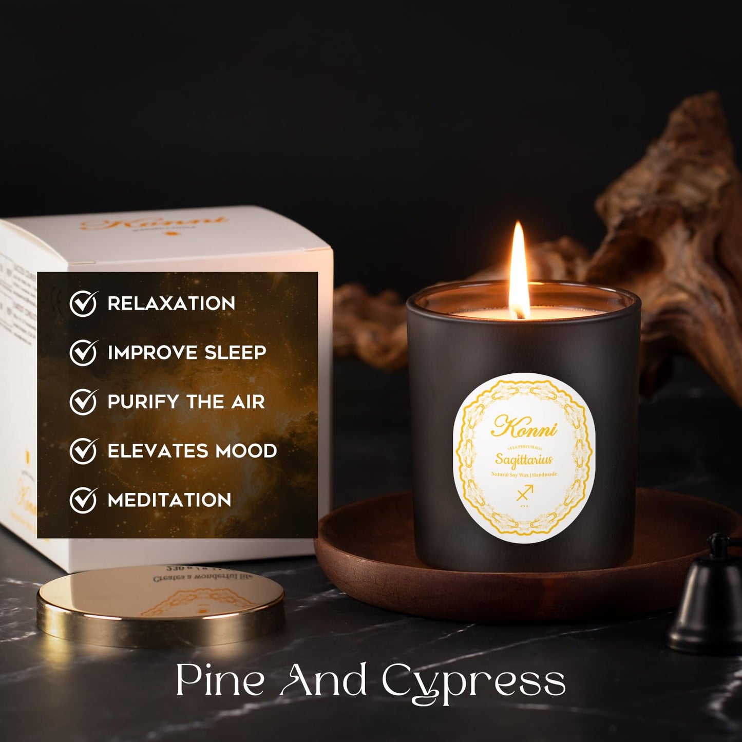 KONNI Sagittarius Zodiac Candle – Pine & Cypress Soy Wax 7 oz | Astrology Gift