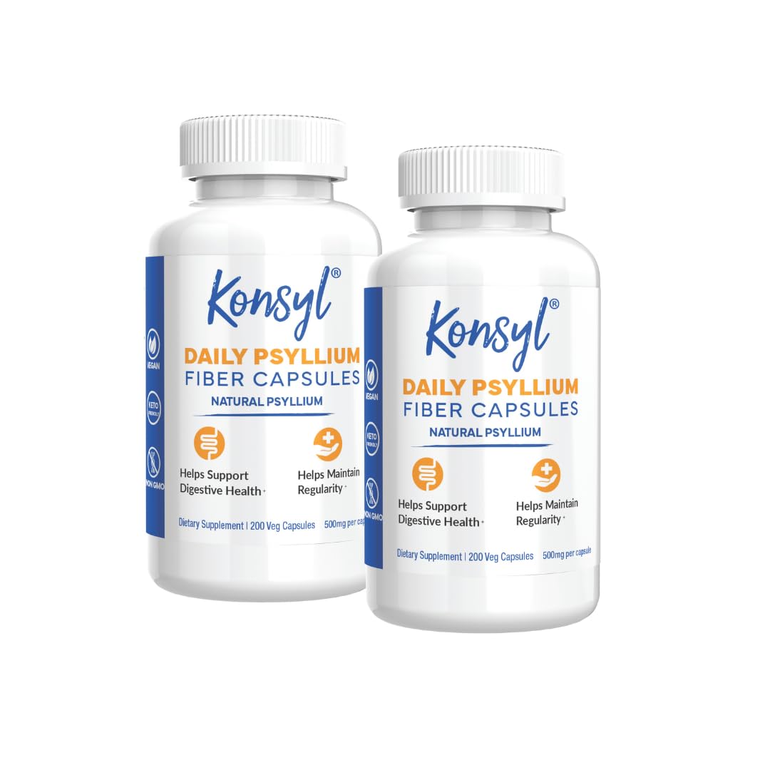 Konsyl Daily Psyllium Fiber Capsules – 1500mg Psyllium Husk per Serving | 200 Count Pack of 2