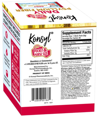 Konsyl Daily Psyllium Fiber Powder Sticks – 30 Packets, On-The-Go