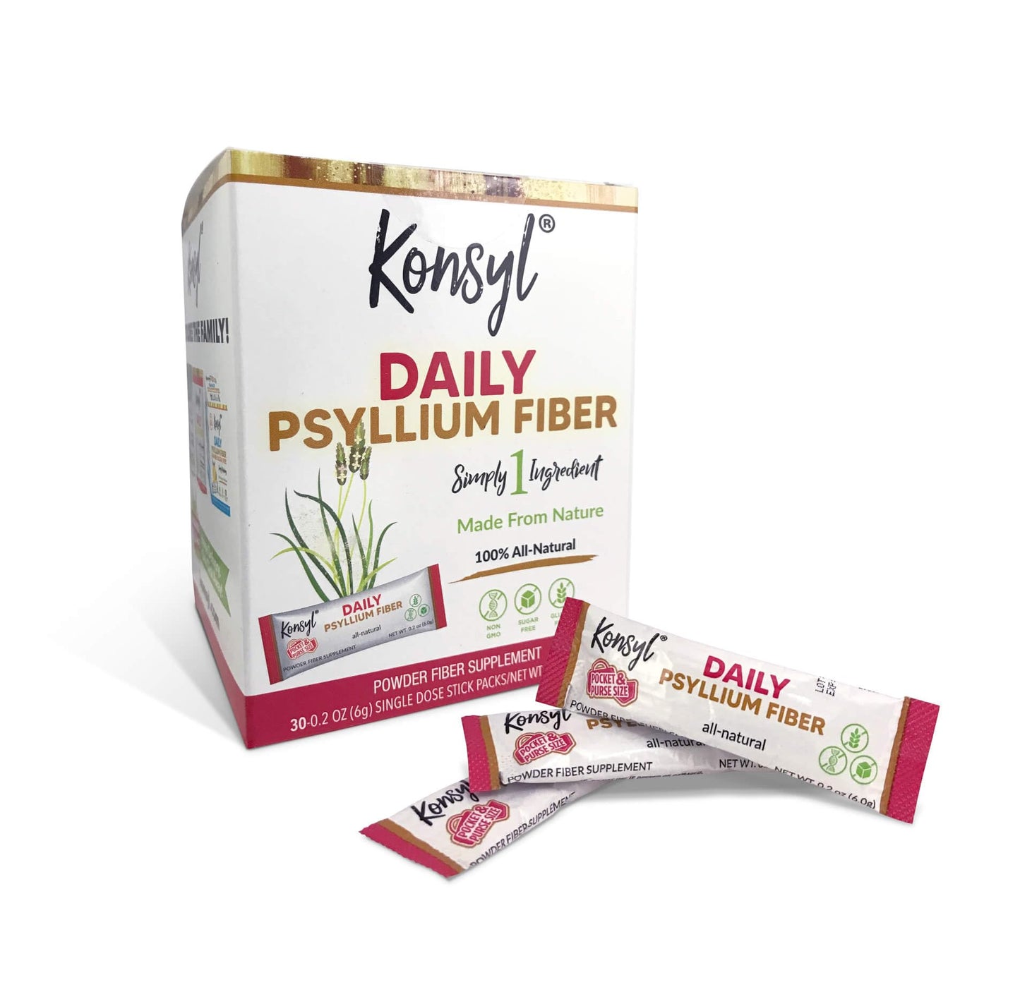 Konsyl Daily Psyllium Fiber Powder Sticks – 30 Packets, On-The-Go