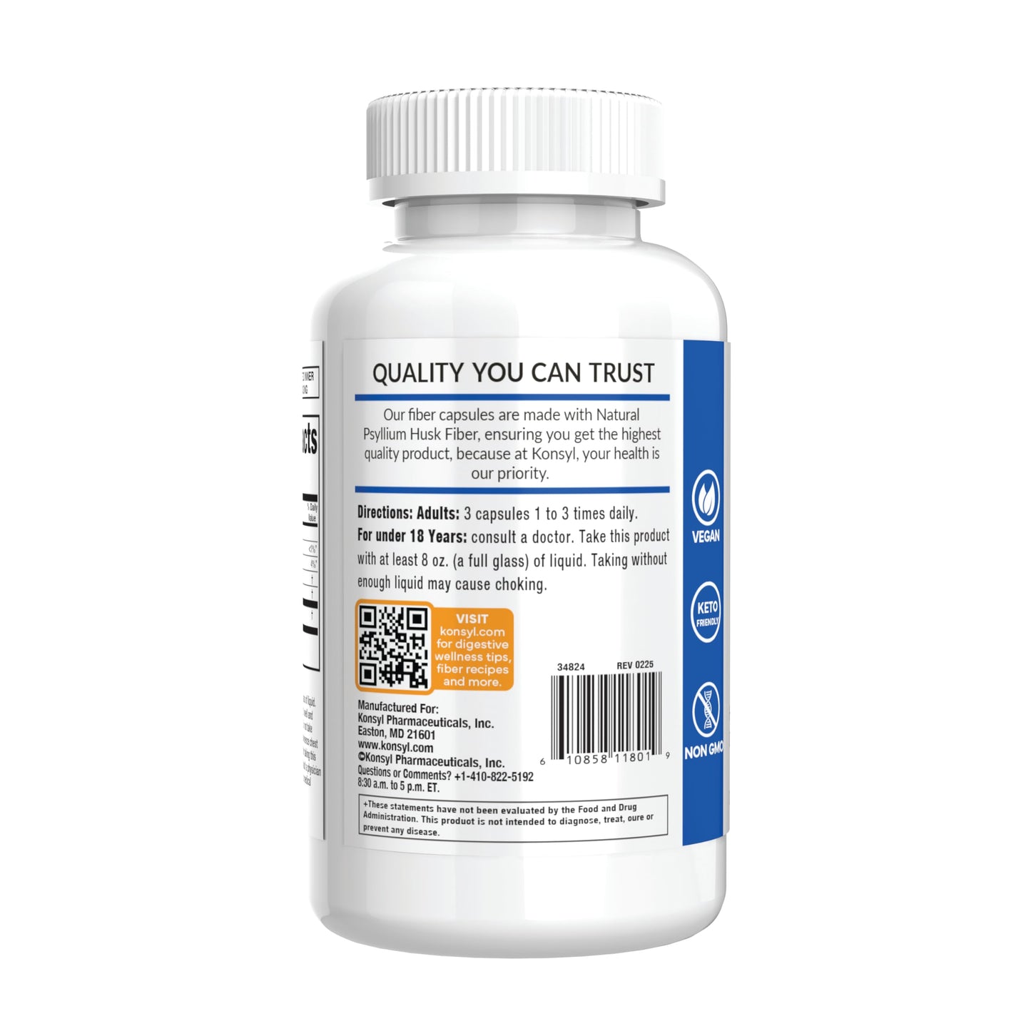 Konsyl Daily Psyllium Fiber Capsules – 1500mg Psyllium Husk per Serving | 200 Count Pack of 2