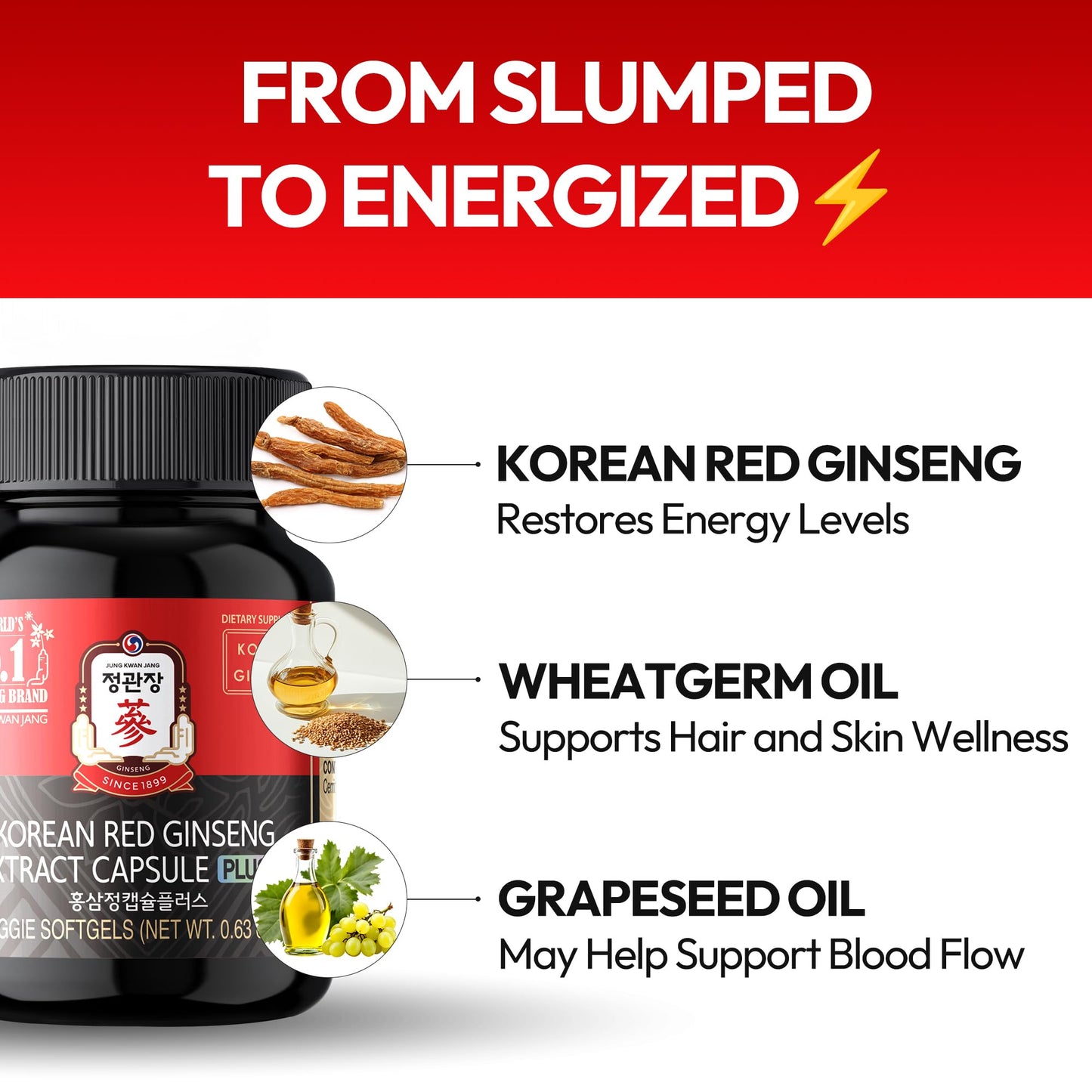 Korean Red Ginseng Extract Capsule Plus - Vegan Energy & Immune Support (600mg, 30 Caps)