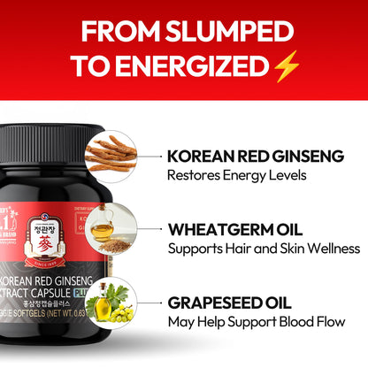 Korean Red Ginseng Extract Capsule Plus - Vegan Energy & Immune Support (600mg, 30 Caps)
