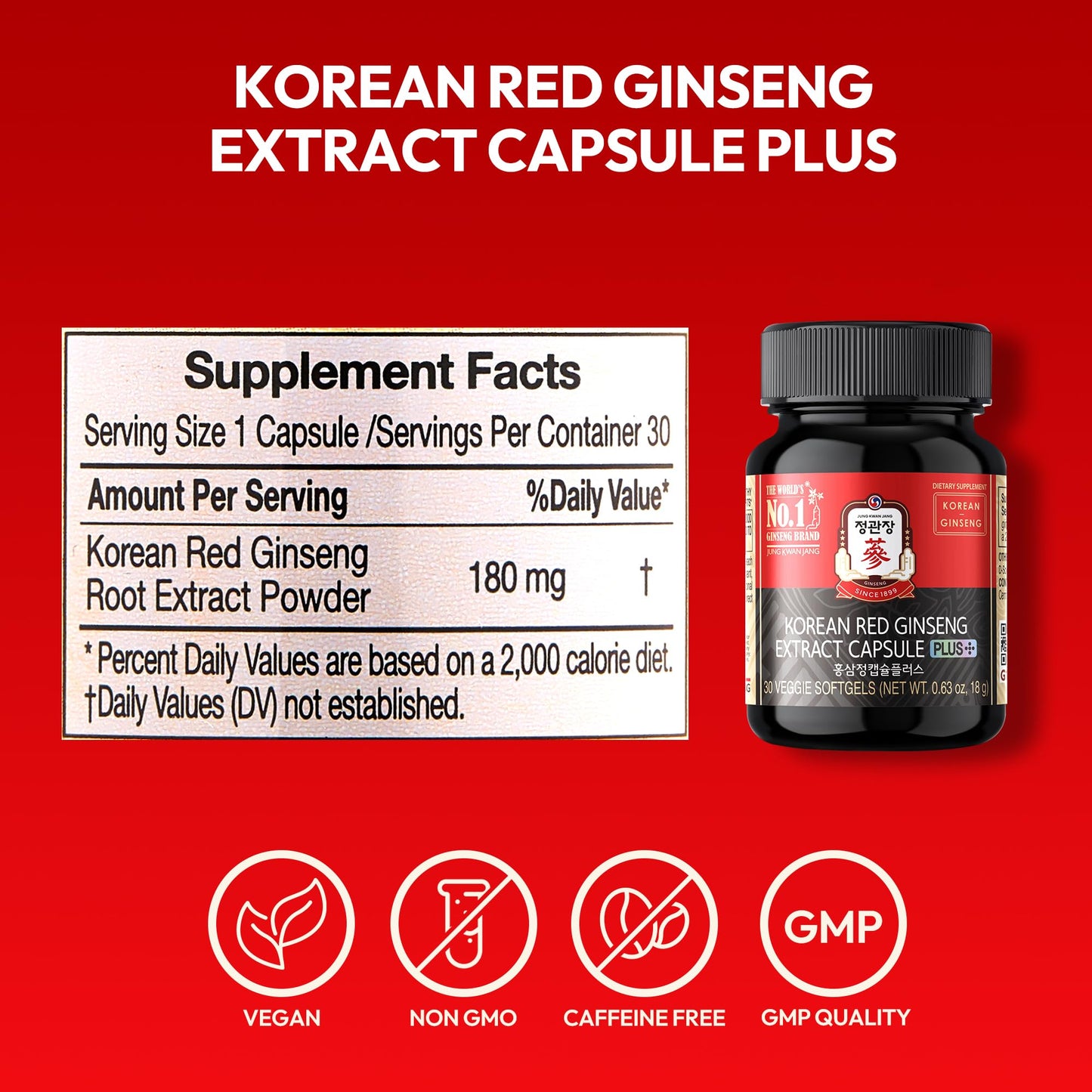 Korean Red Ginseng Extract Capsule Plus - Vegan Energy & Immune Support (600mg, 30 Caps)