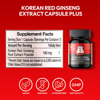 Korean Red Ginseng Extract Capsule Plus - Vegan Energy & Immune Support (600mg, 30 Caps)