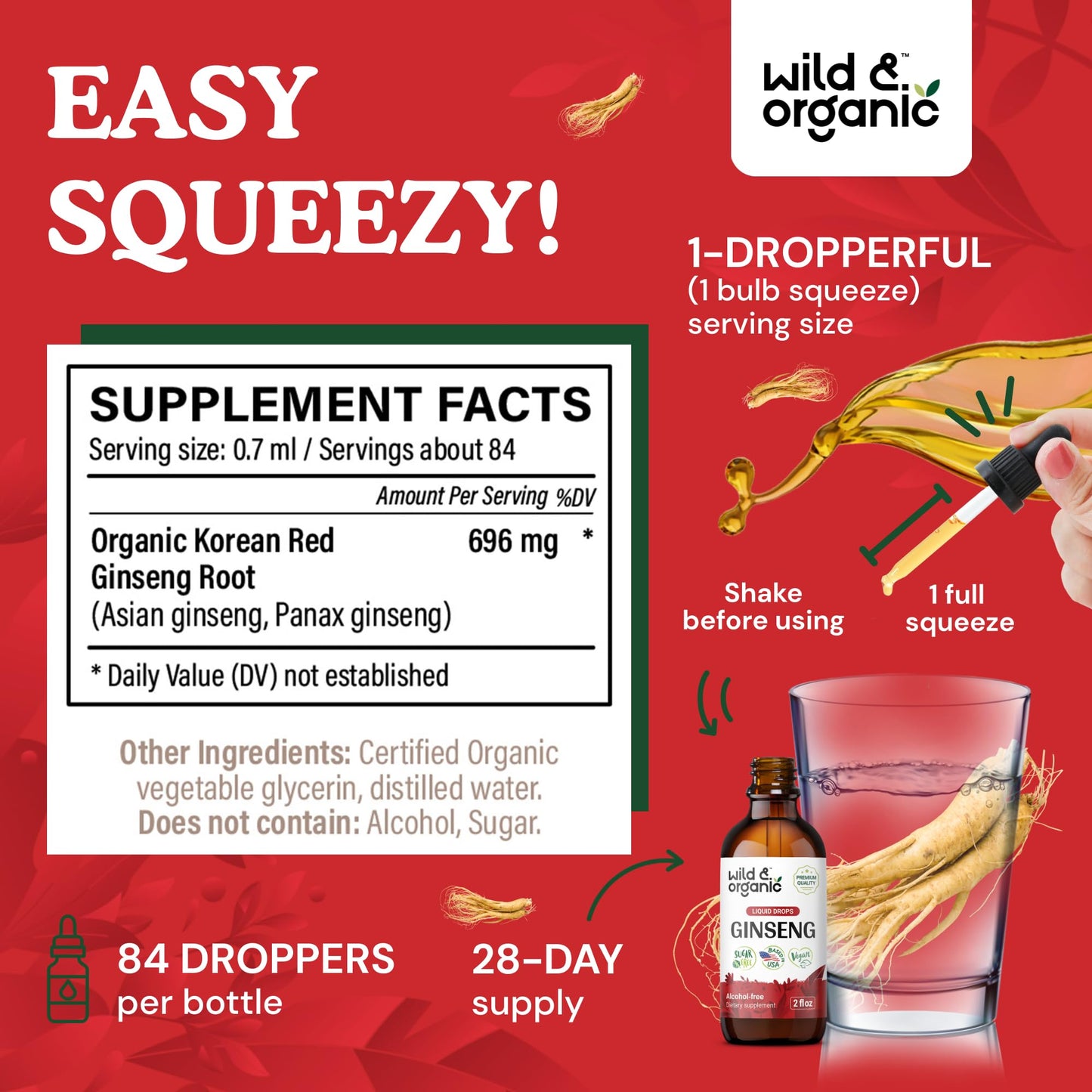 Wild & Organic Korean Red Ginseng Drops - Immune Support | Vegan & Alcohol-Free - 2 fl oz
