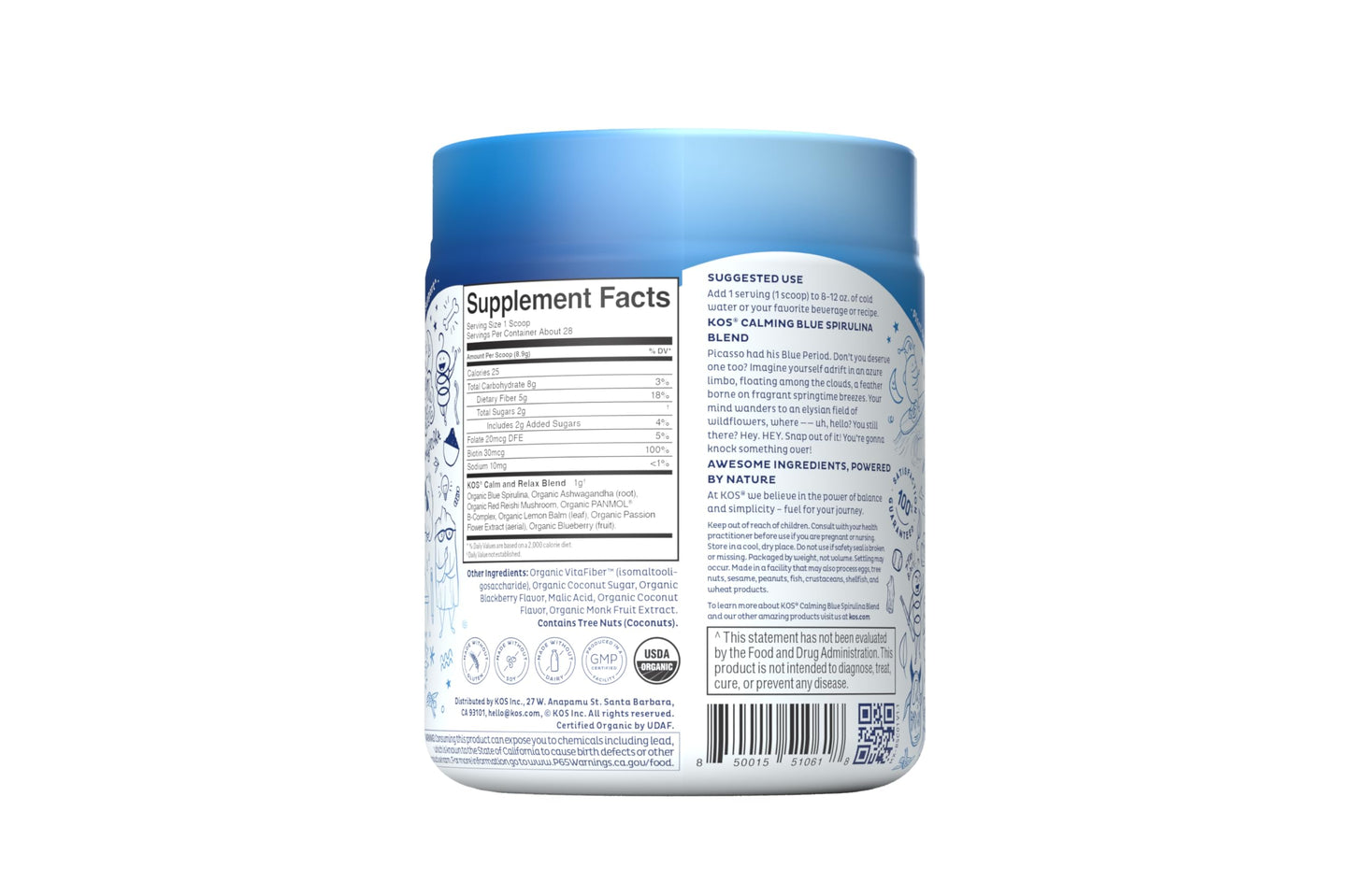 KOS Calming Blue Spirulina Blend - USDA Organic Algae Superfood Powder with Ashwagandha, Lemon Balm, Reishi - Berry Coconut Cooler, 28 Servings