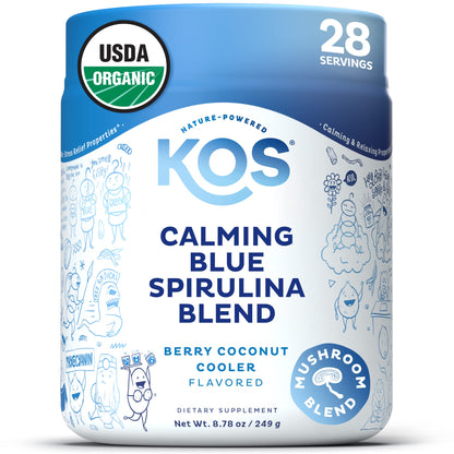 KOS Calming Blue Spirulina Blend - USDA Organic Algae Superfood Powder with Ashwagandha, Lemon Balm, Reishi - Berry Coconut Cooler, 28 Servings