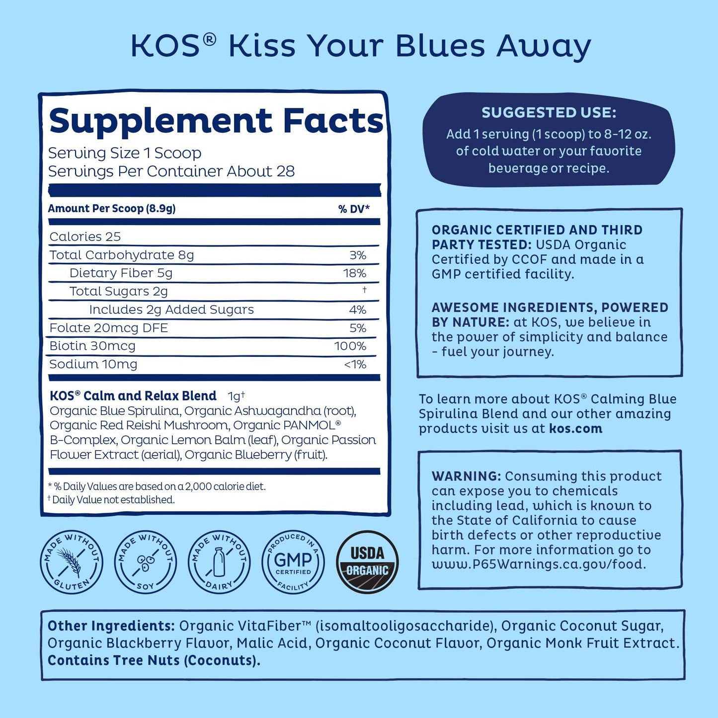 KOS Calming Blue Spirulina Blend - USDA Organic Algae Superfood Powder with Ashwagandha, Lemon Balm, Reishi - Berry Coconut Cooler, 28 Servings