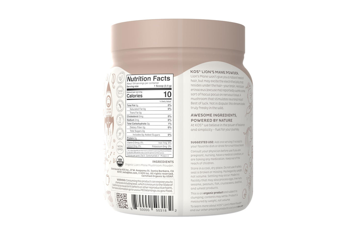 KOS Organic Lion's Mane Powder - Vegan Nootropic, USDA Certified, 104 Servings