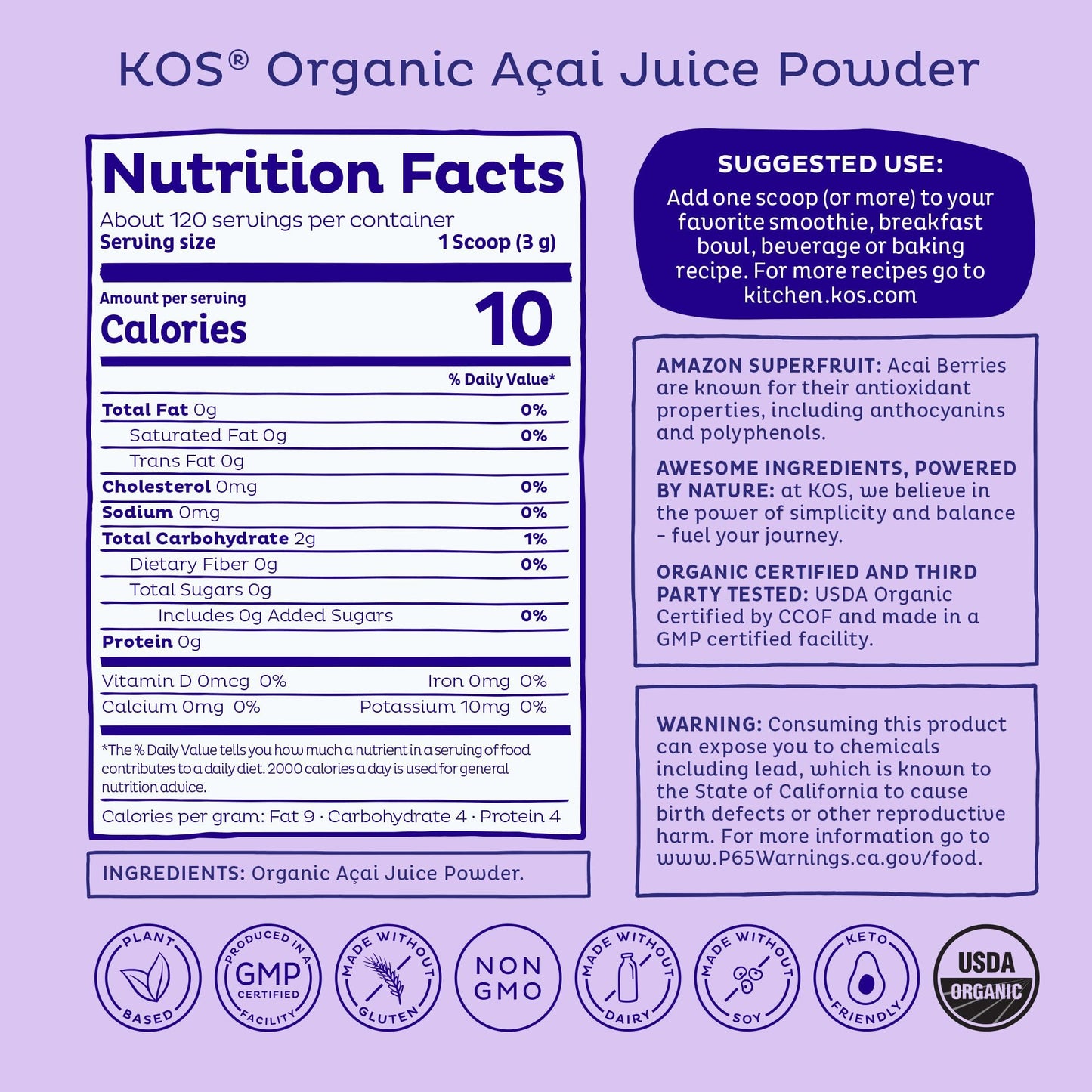 KOS Organic Acai Juice Powder – USDA Organic, Plant Based Superfood Antioxidants, 120 Servings