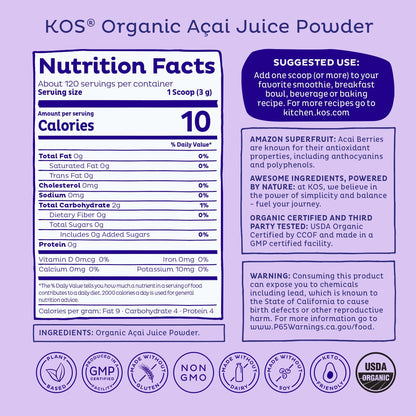 KOS Organic Acai Juice Powder – USDA Organic, Plant Based Superfood Antioxidants, 120 Servings